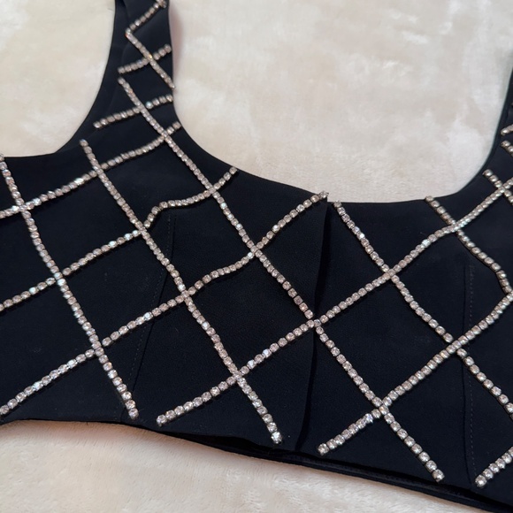 Black Matte Polyester & Satin Bralette Top w/ Rhinestone Diamond Pattern - Picture 2 of 14